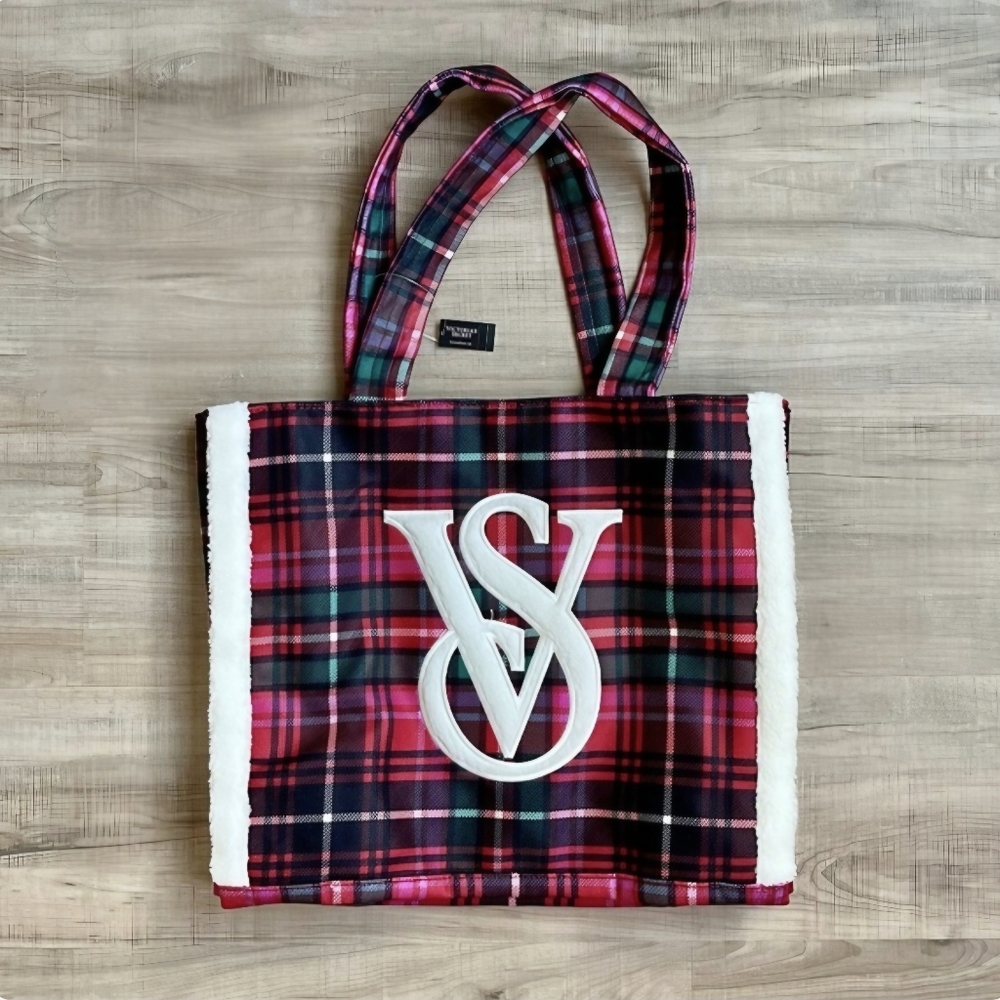 Victoria's Secret | Holiday Fleece Trim Plaid Tote Bag with Logo